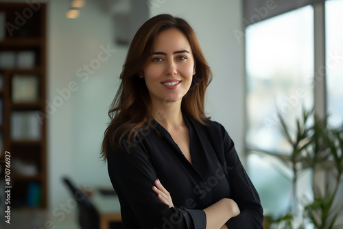 A beautiful business woman stands with her arms crossed and smile.