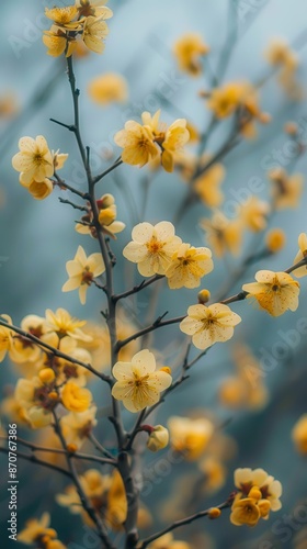 Yellow Blossom Apricot Flowers Against Mountain Cloud Background