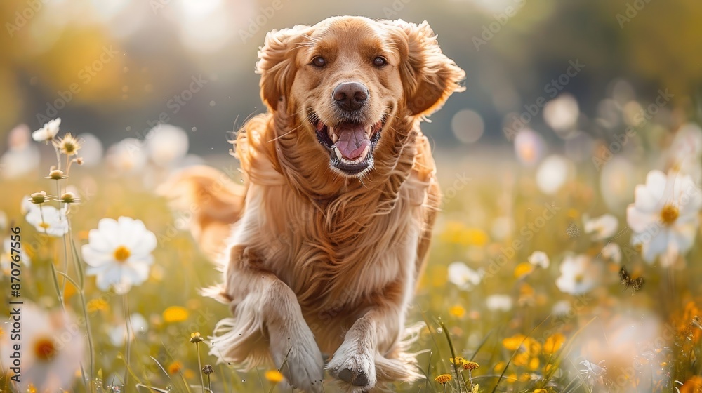 A Golden Retriever running joyfully through a field of tall grass, with flowers and a clear blue sky A Golden Retriever running joyfully through a field of tall grass, with flowers and a clear blue sky