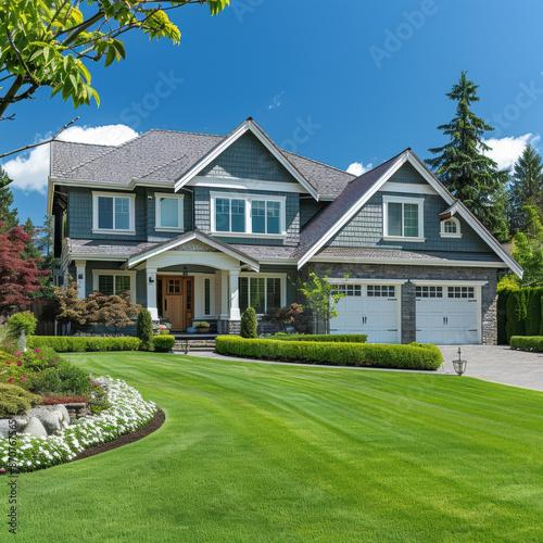 A large house with a green lawn and a white picket fence
