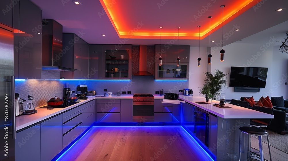 Illuminate your kitchen with LED strips accentuating the cabinets and a wall-mounted TV, providing both functional lighting and entertainment Illuminate your kitchen with LED strips accentuating the cabinets and a wall-mounted TV, providing both functional lighting and entertainment