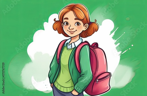 Back to school vector concept design. Schoolgirl character with bag. Vector illustration in green background photo