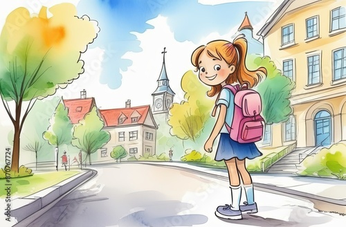 Happy schoolgirl with a satchel goes to school. Cartoon vector illustration. Background illustration with city summer street, buildings and trees. Back to school photo