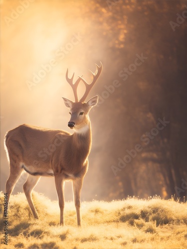Deer grazing in the field, wildlife photography, peaceful nature scene, grazing deer in natural habitat. © Alena Girya