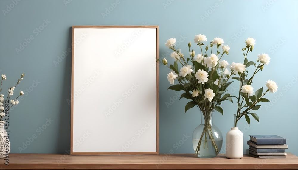 Empty wooden picture frame mockup hanging on pastel wall. Boho-shaped vases with dried flowers and house plants on a table. Working space, home office. Modern interior. Generative AI Empty wooden picture frame mockup hanging on pastel wall. Boho-shaped vases with dried flowers and house plants on a table. Working space, home office. Modern interior. Generative AI