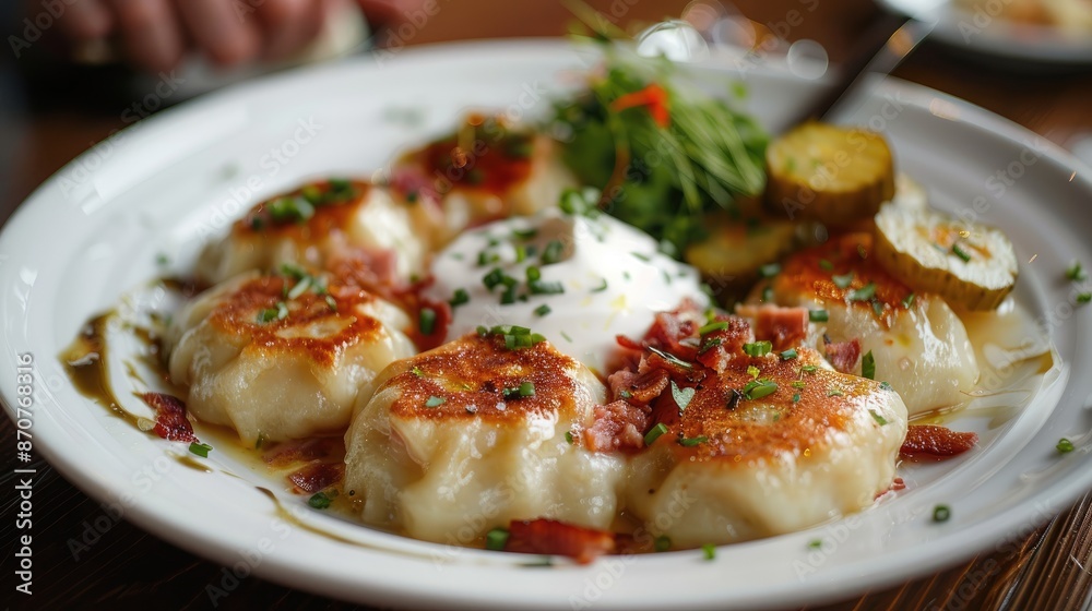 Authentic Lithuanian dish of cepelinai dumplings with bacon bits and sour cream, side pickles, on a white plate Authentic Lithuanian dish of cepelinai dumplings with bacon bits and sour cream, side pickles, on a white plate