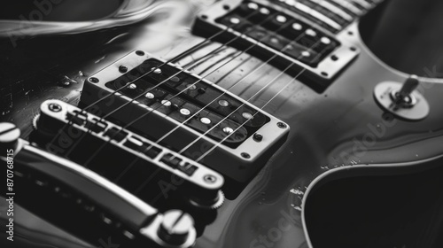 A black and white closeup image of a vintage electric guitar with plenty of copy space
