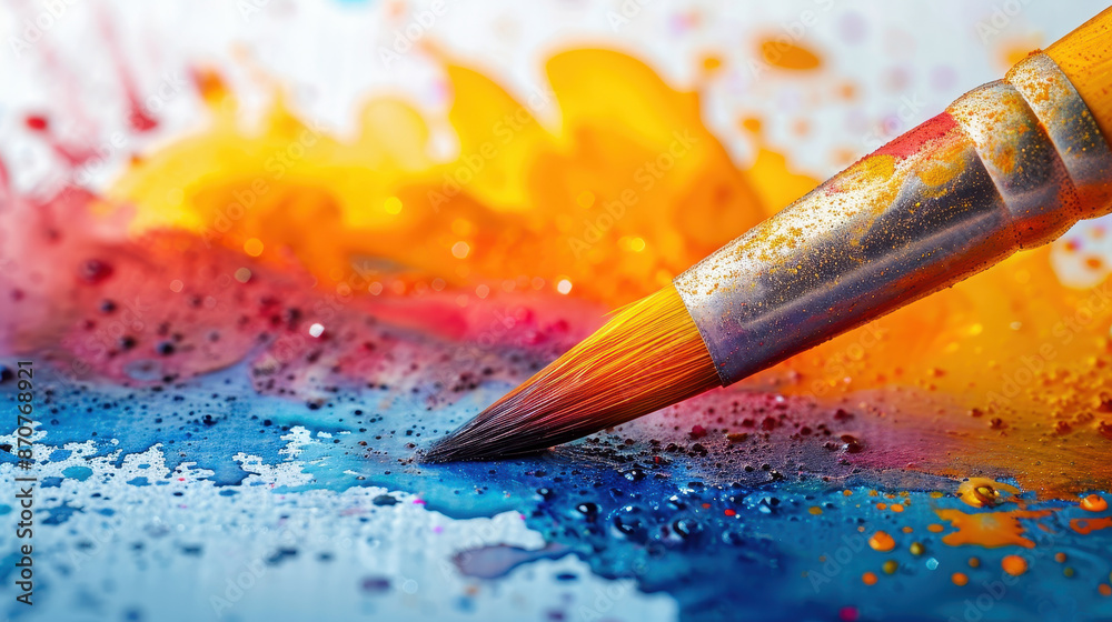 Fototapeta premium Vibrant close-up image of a paintbrush applying blue paint on a colorful canvas with splashes of red, orange, and yellow