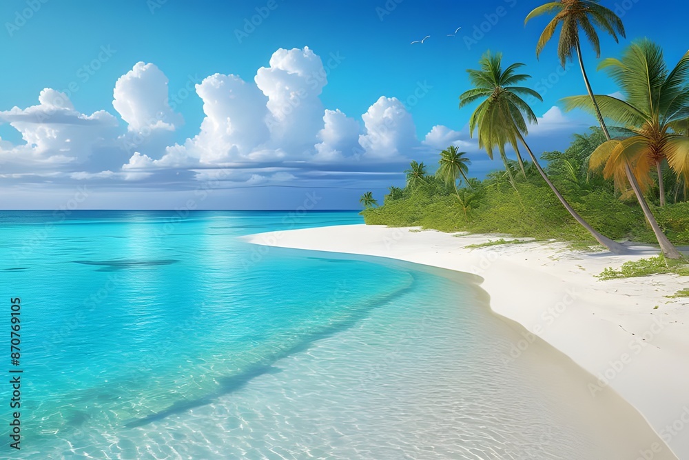 Fototapeta premium a tropical beach with white sand, with palm trees and clear blue water, nature , beach 