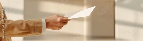 A hand holding a blank note. The note is held up to the light, and the light is shining through it. The hand is holding the note in front of a white background.