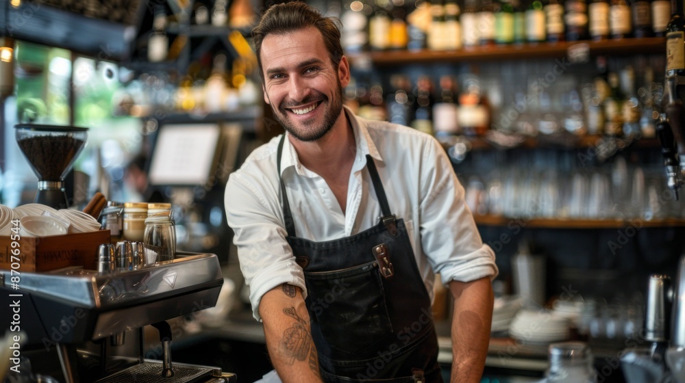 A friendly barista smiles at the camera while standing behind the counter of a busy cafe. An espresso machine sits on the counter in front of him, and shelves of bottles line the background A friendly barista smiles at the camera while standing behind the counter of a busy cafe. An espresso machine sits on the counter in front of him, and shelves of bottles line the background