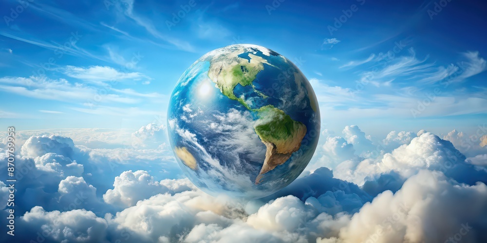 Earth floating in the sky with fluffy clouds below , earth, sky, clouds, planet, atmosphere, celestial, space, cosmic Earth floating in the sky with fluffy clouds below , earth, sky, clouds, planet, atmosphere, celestial, space, cosmic
