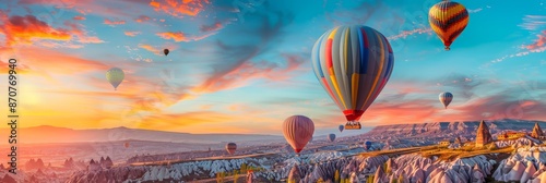 Hot Air Balloons Soaring Over Cappadocia at Sunset - A picturesque panorama showcasing vibrant hot air balloons against a captivating sunset sky over the unique rock formations of Cappadocia. - A pict photo