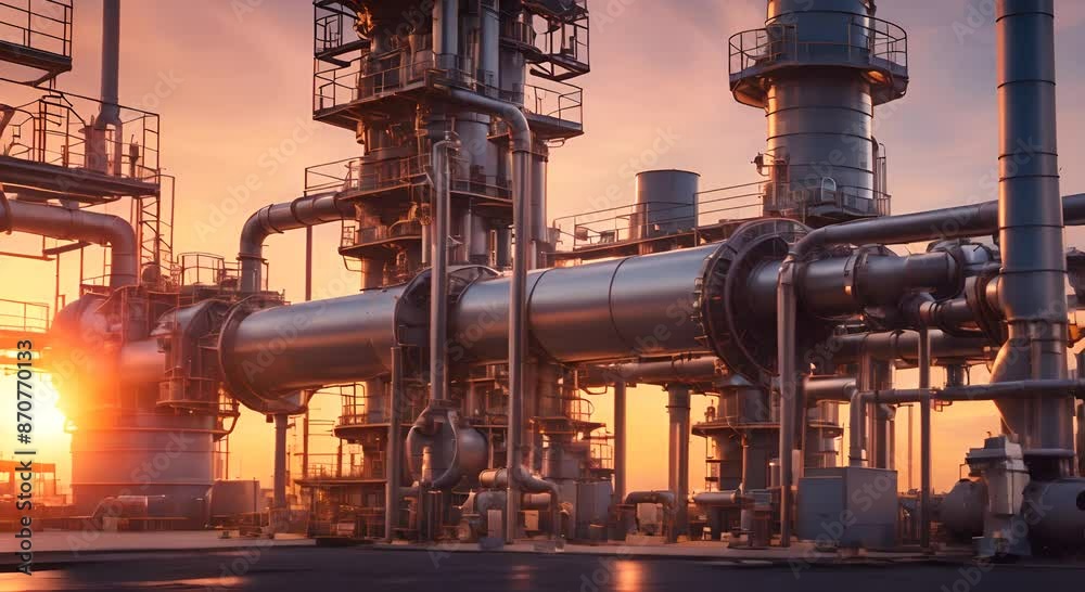 Industrial furnace and heat exchanger cracking hydrocarbons in factory on sky sunset background Close up of equipment in petrochemical plant 4k animation Industrial furnace and heat exchanger cracking hydrocarbons in factory on sky sunset background Close up of equipment in petrochemical plant 4k animation