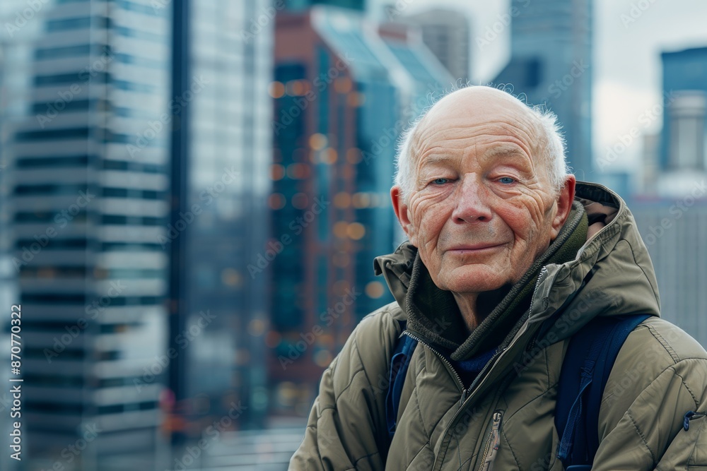 Portrait of a content caucasian man in his 70s wearing a functional windbreaker while standing against stunning skyscraper skyline Portrait of a content caucasian man in his 70s wearing a functional windbreaker while standing against stunning skyscraper skyline