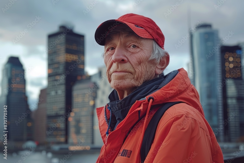 Obraz premium Portrait of a content caucasian man in his 70s wearing a functional windbreaker on stunning skyscraper skyline