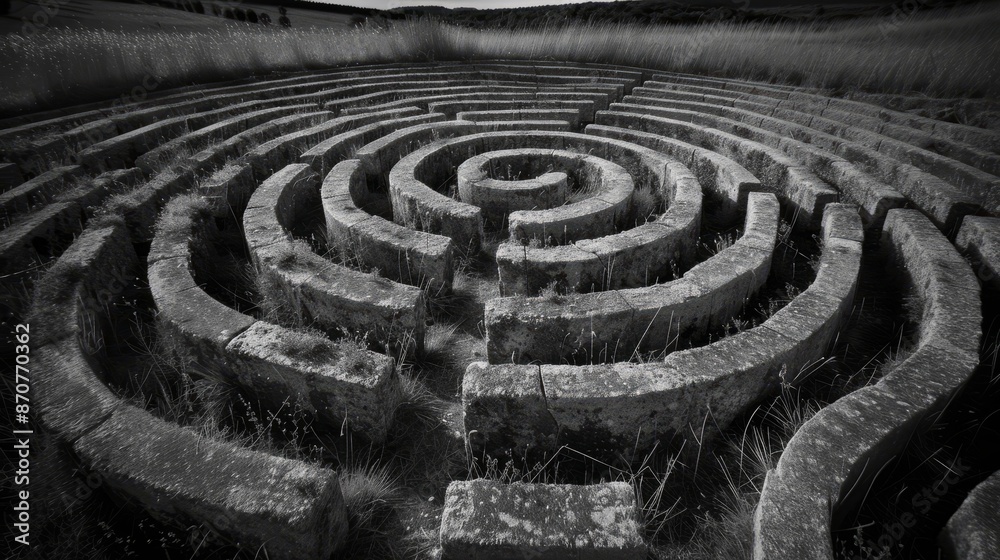 A vivid and intricate maze design featuring interlocking geometric paths. The perspective adds depth to the labyrinthine structure, creating a fascinating, almost surreal scene. A vivid and intricate maze design featuring interlocking geometric paths. The perspective adds depth to the labyrinthine structure, creating a fascinating, almost surreal scene.