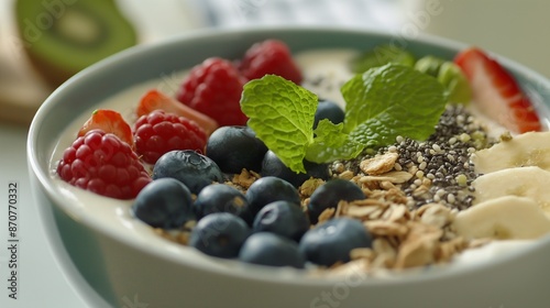 A healthy breakfast bowl with fresh fruits, granola, chia seeds, and mint leaves. Perfect for a nutritious start to your day.