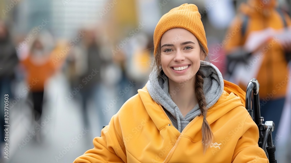 A super sharp image of a smiling person in a wheelchair participating in a community event in an urban setting A super sharp image of a smiling person in a wheelchair participating in a community event in an urban setting