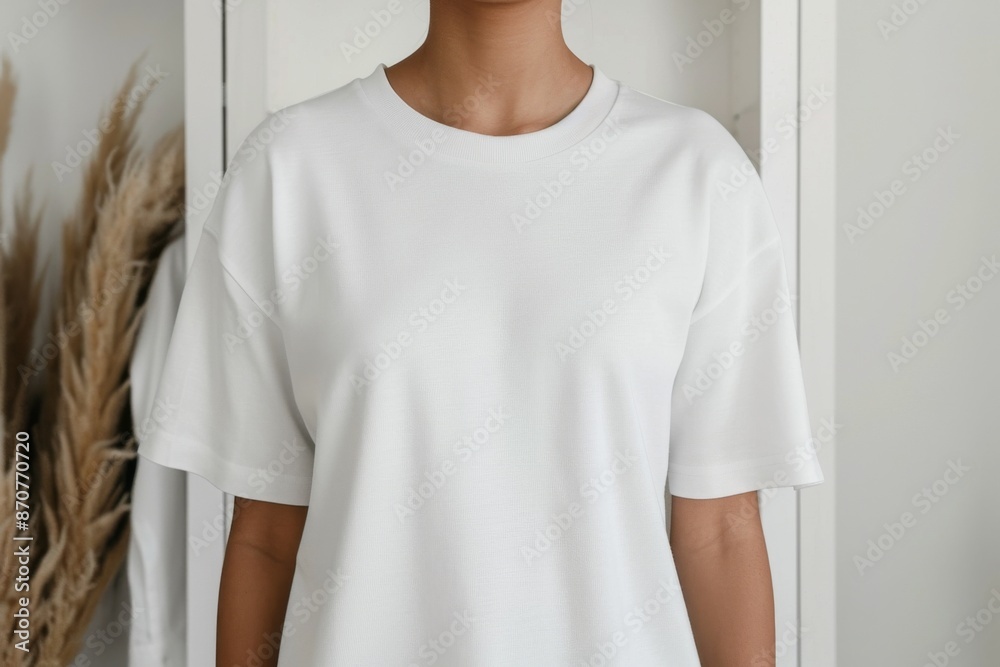 Close-up of Unbranded Plain White T-shirt on a Person with Neutral Background Close-up of Unbranded Plain White T-shirt on a Person with Neutral Background