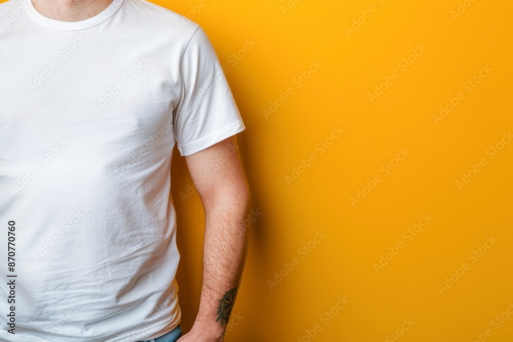 Casual White T-shirt Style on Man Against Vibrant Yellow Background Casual White T-shirt Style on Man Against Vibrant Yellow Background