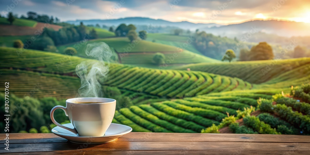 Steaming coffee cup in foreground with sprawling coffee plantation in background, promising warmth and comfort, coffee Steaming coffee cup in foreground with sprawling coffee plantation in background, promising warmth and comfort, coffee
