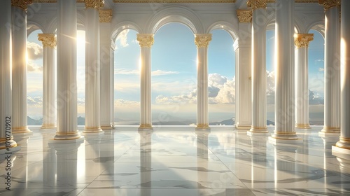 Simplicity and beauty in a Greek style hall with marble columns and golden decorations on the walls Large windows showing the sky outside with light reflections on the marble floor