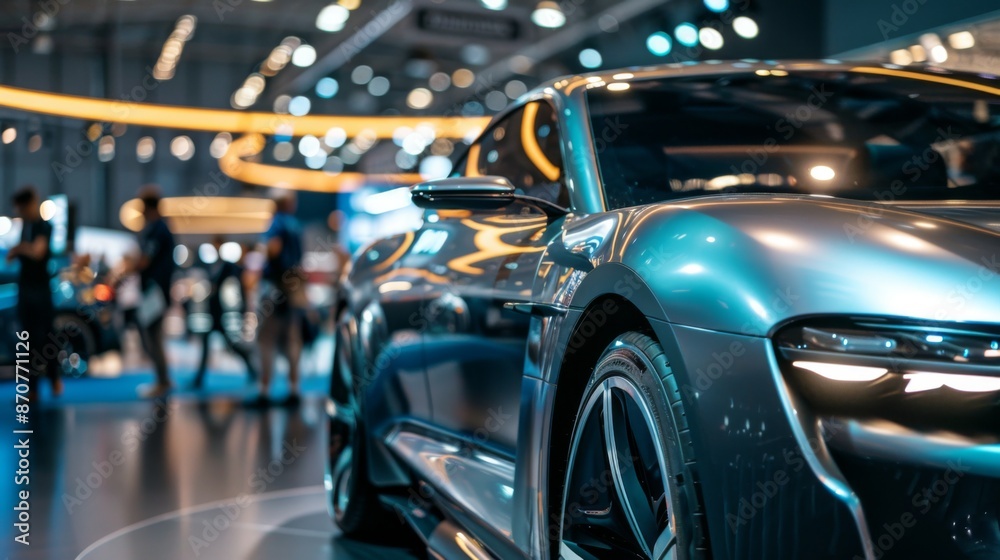 A close-up view of a sleek, modern car displayed at a bustling trade show, showcasing the latest advancements in the automot A close-up view of a sleek, modern car displayed at a bustling trade show, showcasing the latest advancements in the automot