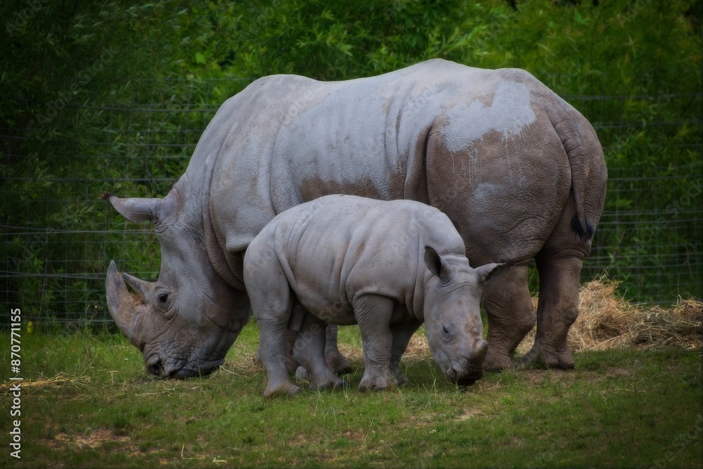 Mother rhinoceros and calf grazing in zoo enclosure Mother rhinoceros and calf grazing in zoo enclosure