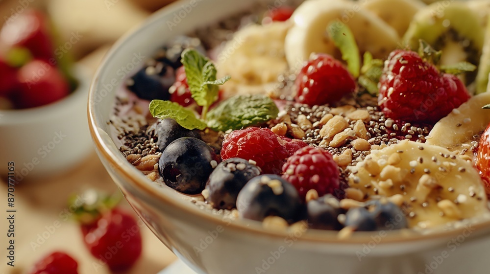 Healthy breakfast bowl with fresh berries, banana slices, nuts, seeds, and mint leaves for a nutritious, delicious start to the day. Healthy breakfast bowl with fresh berries, banana slices, nuts, seeds, and mint leaves for a nutritious, delicious start to the day.