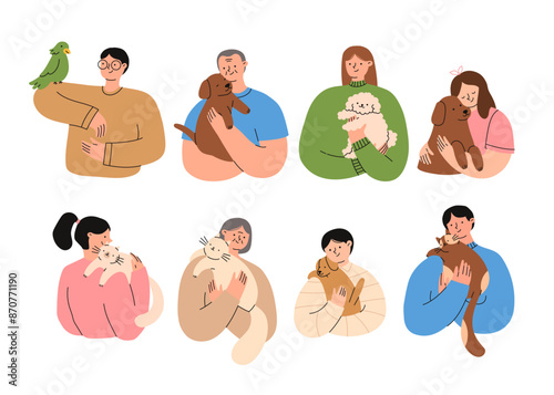 Set of people holding their pets. Happy domestic animal owners. Pet lowers concept. Flat vector illustration isolated on a white background.