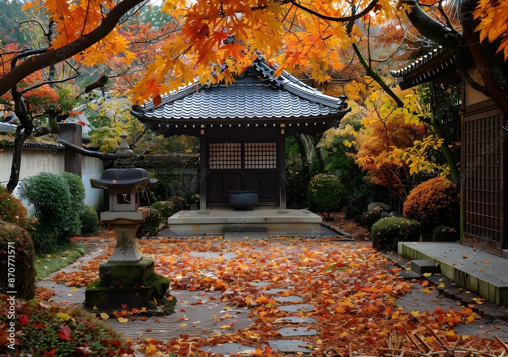 A beautiful Japanese garden with a traditional tea house in the fall A beautiful Japanese garden with a traditional tea house in the fall