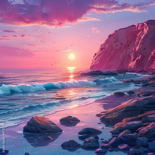 colorful sunrise over the ocean with rocks and waves in front of pink cliffs, photo realistic