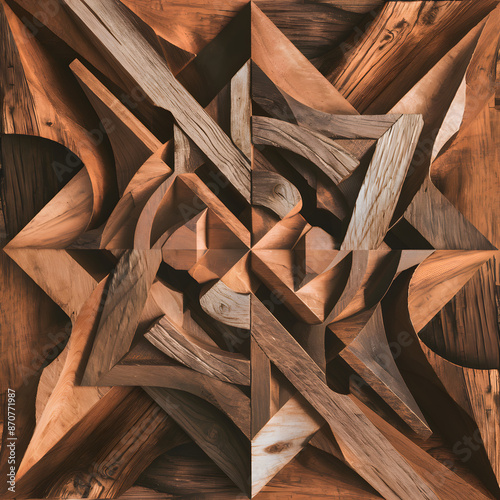 Abstract geometric design with aged wood elements.