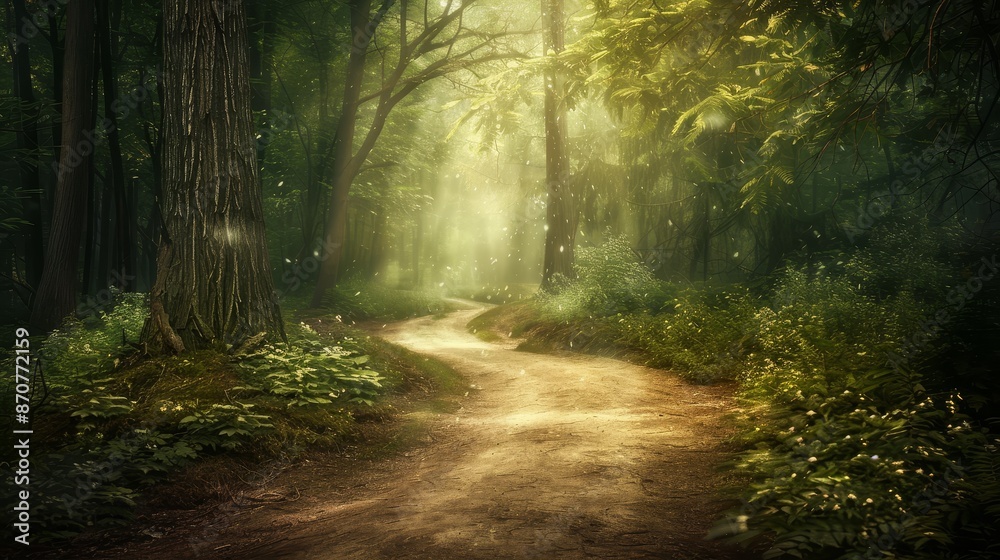 Obraz premium Mysterious Path Through an Enchanting Forest - A winding path leads deeper into a mystical forest, bathed in soft sunlight and mist. - A winding path leads deeper into a mystical forest, bathed in sof