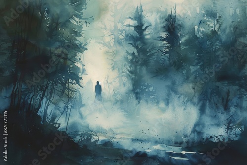 Mysterious Figure in a Foggy Forest - A lone figure stands in a misty forest, the light shining through the trees creating an ethereal atmosphere. - A lone figure stands in a misty forest, the light s