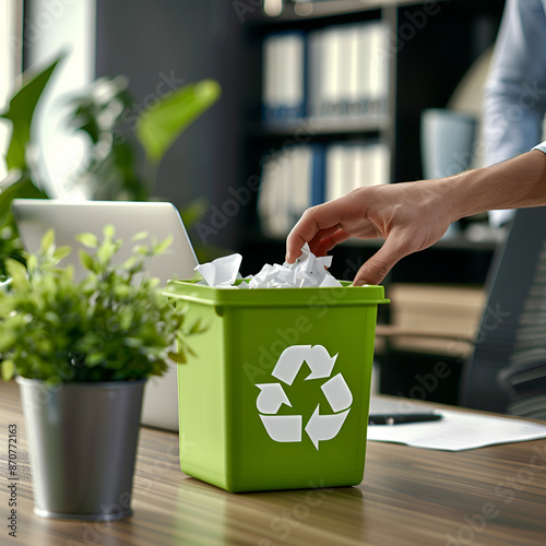 Hand placing paper in a green recycling bin in an office , The Recycling Routine , The Eco-Friendly Choice , Paper Recycling Made Easy , The Green Office Initiative .