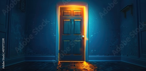 A blue door with yellow light from outside, in a room with dark blue walls