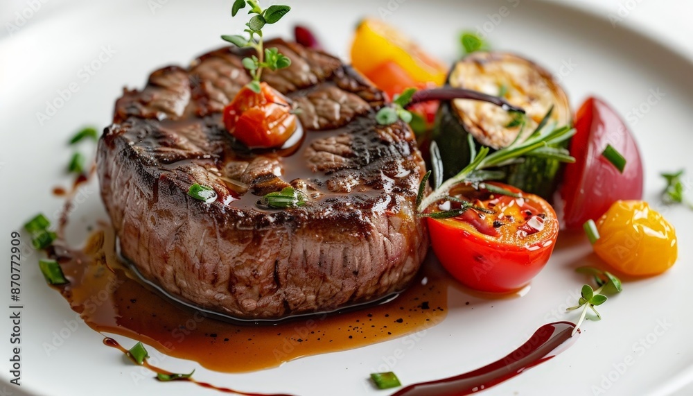 A gourmet meal artfully plated, featuring a perfectly cooked steak, vibrant vegetables, and a drizzle of sauce, on a white tablecloth A gourmet meal artfully plated, featuring a perfectly cooked steak, vibrant vegetables, and a drizzle of sauce, on a white tablecloth
