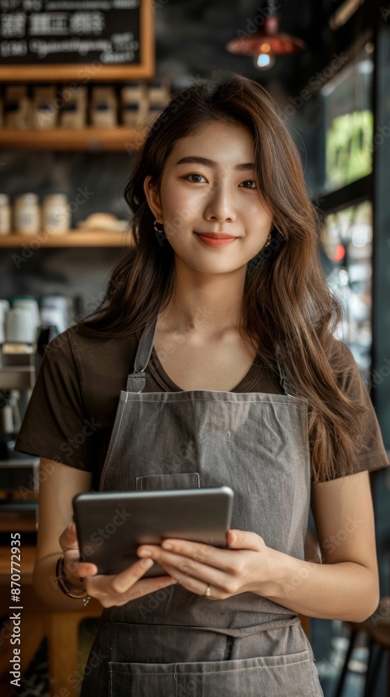 A young woman with long brown hair smiles as she uses a tablet while working in a modern cafe. She is wearing a brown apron over a black shirt A young woman with long brown hair smiles as she uses a tablet while working in a modern cafe. She is wearing a brown apron over a black shirt