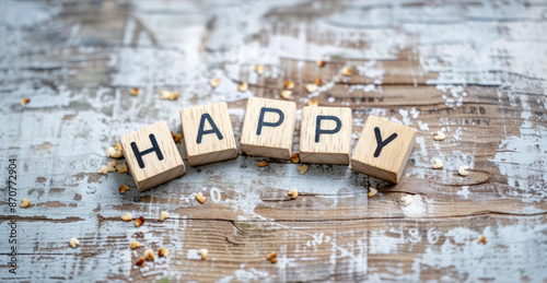 Uplifting Words: Wooden Tiles Forming 'HAPPY' on Wooden Tabletop