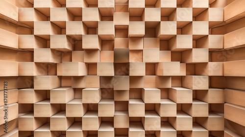 A wall made of light brown wooden blocks arranged irregularly