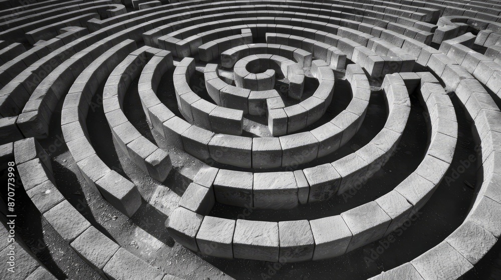 A vivid and intricate maze design featuring interlocking geometric paths. The perspective adds depth to the labyrinthine structure, creating a fascinating, almost surreal scene. A vivid and intricate maze design featuring interlocking geometric paths. The perspective adds depth to the labyrinthine structure, creating a fascinating, almost surreal scene.