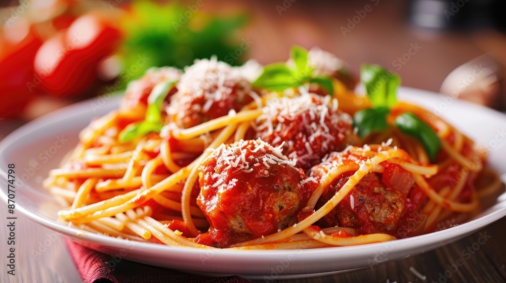 Authentic Italian spaghetti with meatballs in rich tomato sauce, sprinkled with Parmesan