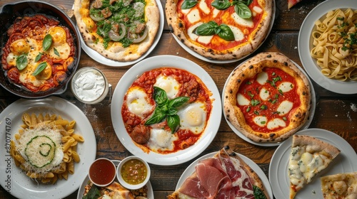 Assorted Italian dishes like Margherita pizza, creamy pasta, ravioli, and carpaccio on a rustic table