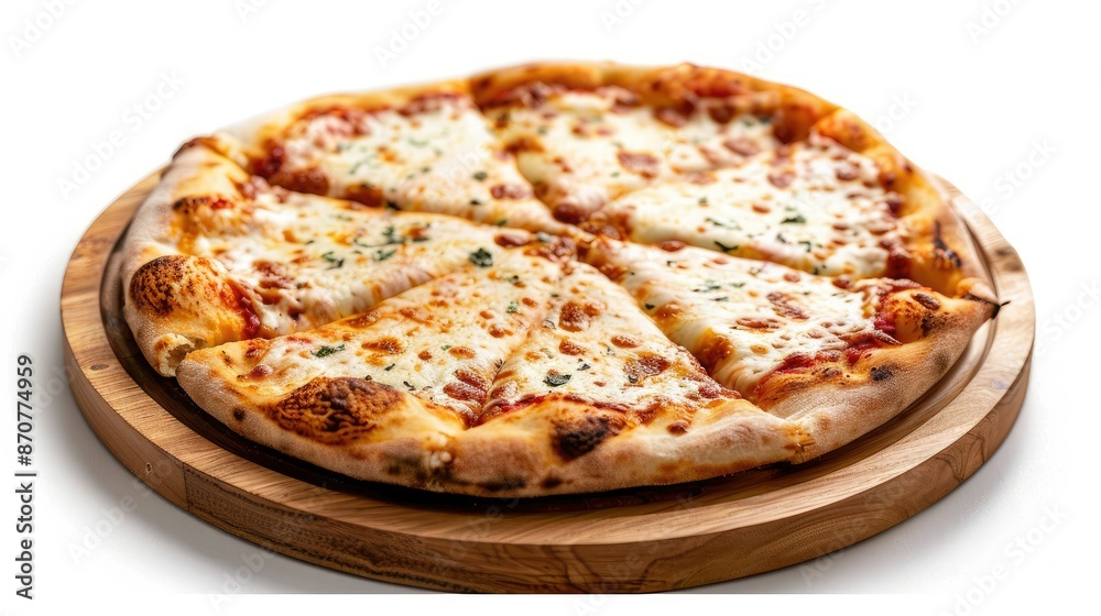 Classic cheese pizza on a wooden plate, isolated on white background Classic cheese pizza on a wooden plate, isolated on white background