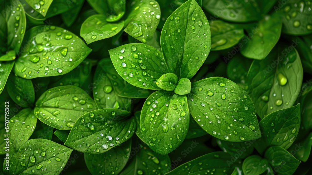 Fototapeta premium Close-up of dew-covered green leaves, highlighting the purity and vitality of summer nature