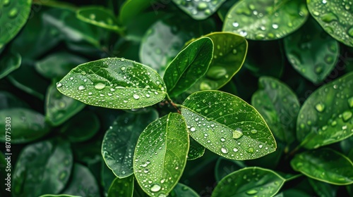 Close-up of lush green leaves with water droplets, depicting the freshness and purity of summer