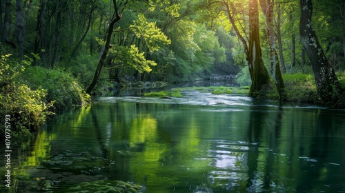 Serene River Flowing Through a Lush Forest - A tranquil scene of a river flowing through a dense forest with a soft, sunlit glow. - A tranquil scene of a river flowing through a dense forest with a so