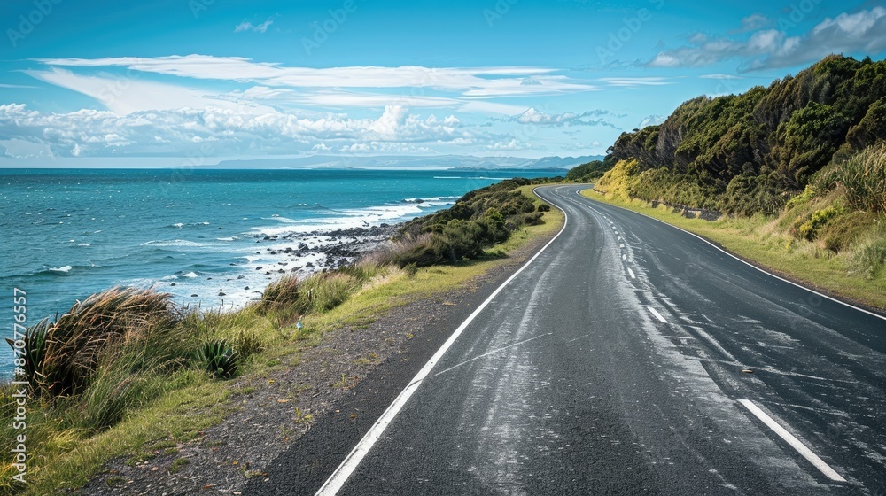 A coastal road view with the sea on one side, highlighting the beauty of a scenic drive by the ocean A coastal road view with the sea on one side, highlighting the beauty of a scenic drive by the ocean